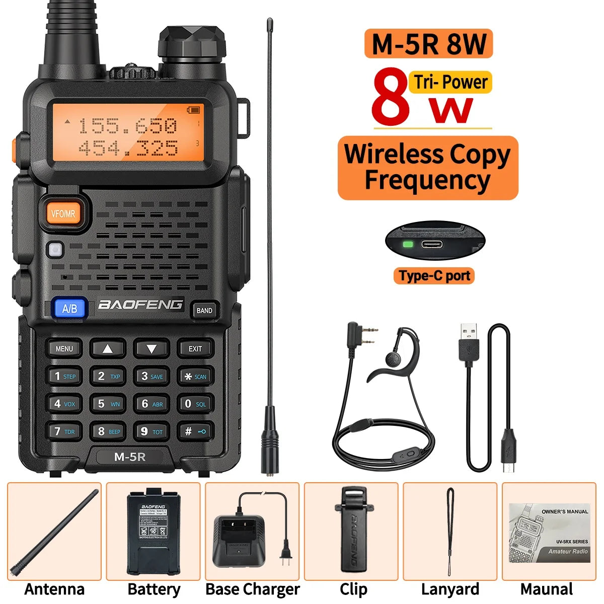 1/2PCS  8W Walkie Talkie Multi Band Type-C Wireless Copy Frequency AM Long Range For UV-5R Two Way Ham Radio