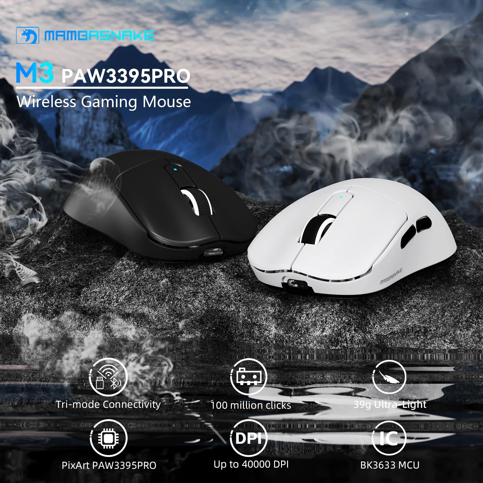 Wireless Gaming Mouse with Lightweight 39g, Pix Art PAW3395 PRO Sensor 40K DPI, Tri Mode-,100M Clicks Micro Switch
