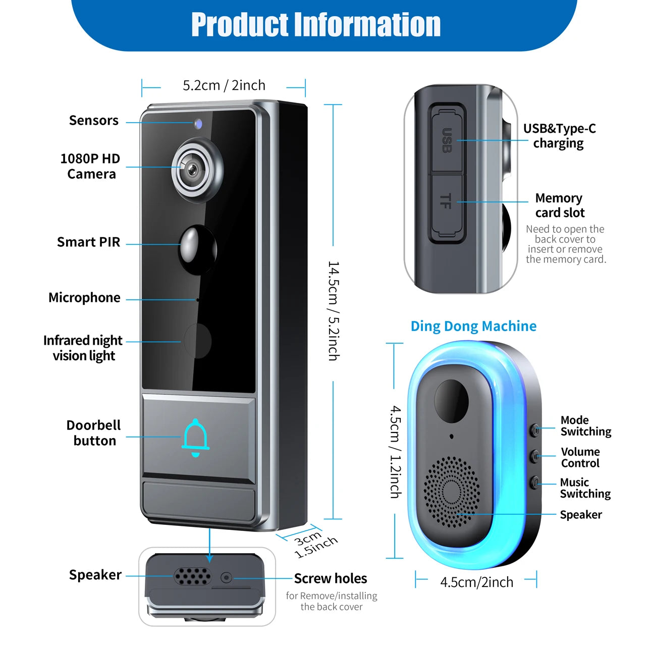 Wireless WiFi video doorbell, Night vision, Photo and video, 2 way audio, Live notification live video, Wireless security camera