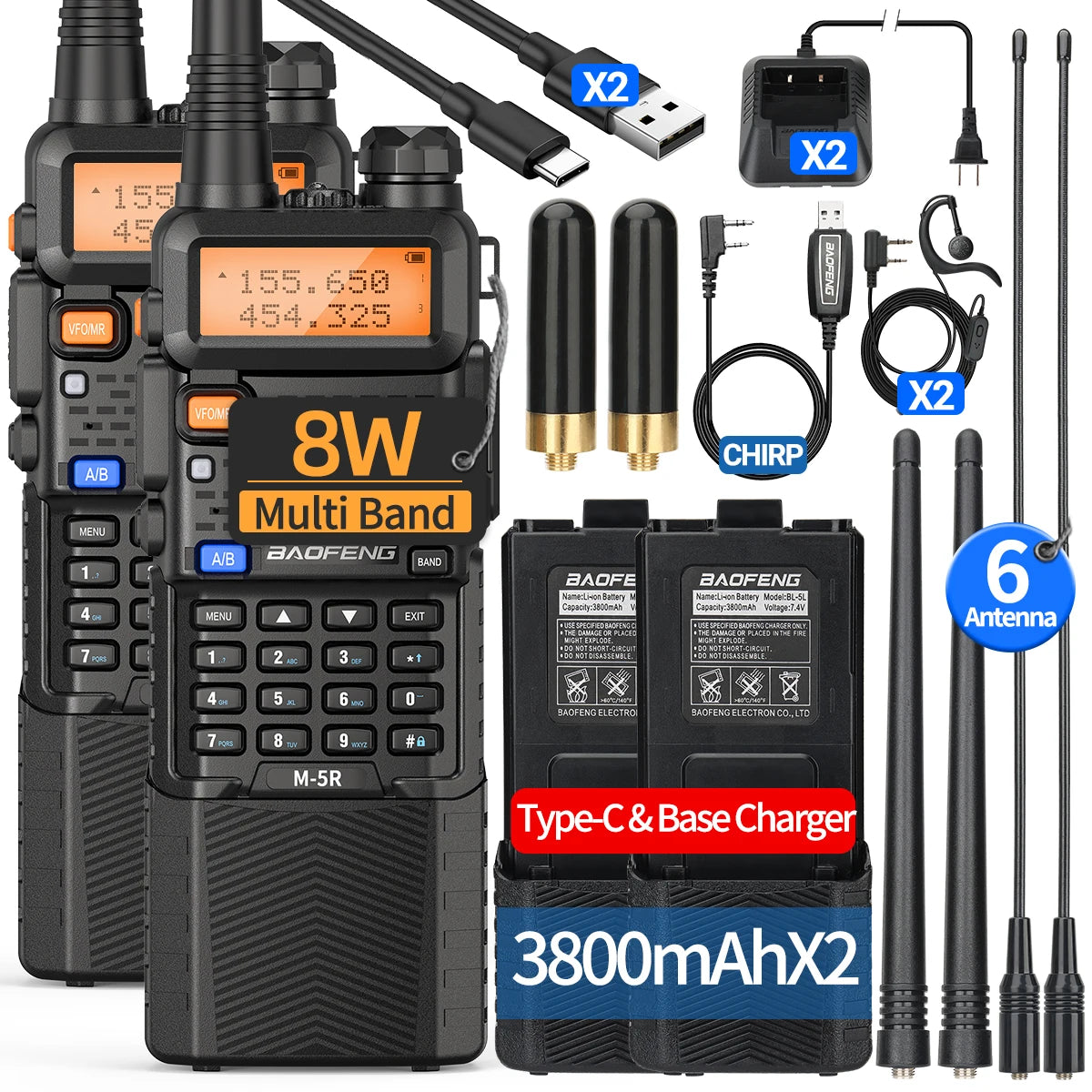 2X M-5R 8W Walkie Talkie 3800mAh Battery Multi Band AM Type-C USB Copy Upgraded UV-5R UV5R Long Range Two Way Ham Radio