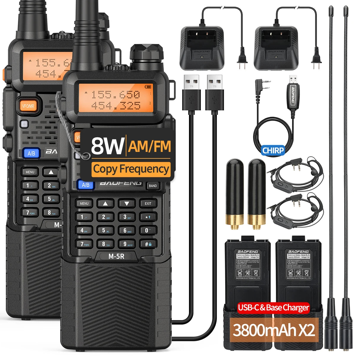 2X M-5R 8W Walkie Talkie 3800mAh Battery Multi Band AM Type-C USB Copy Upgraded UV-5R UV5R Long Range Two Way Ham Radio