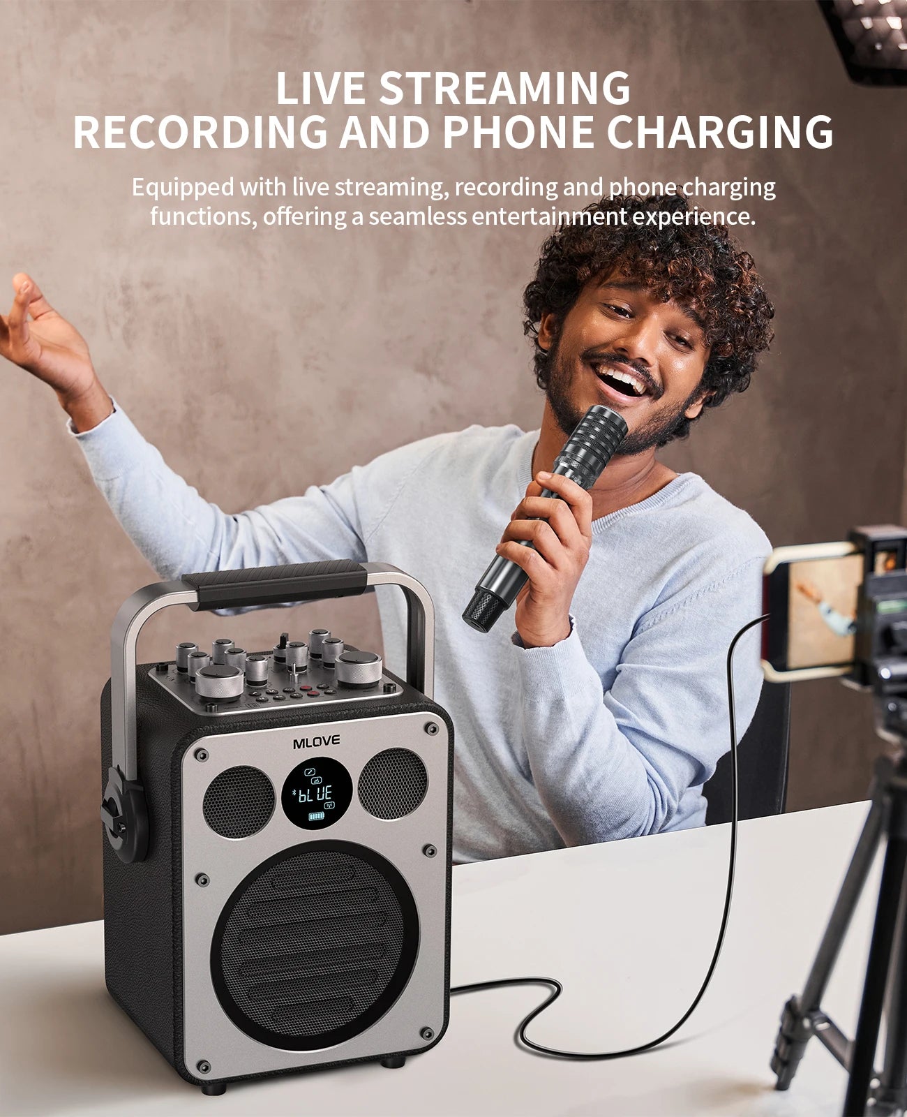 MLOVE D5 Professional Karaoke Machine for Adults with Bluetooth and 2 Wireless Microphones, Portable PA System Speaker, Recordin