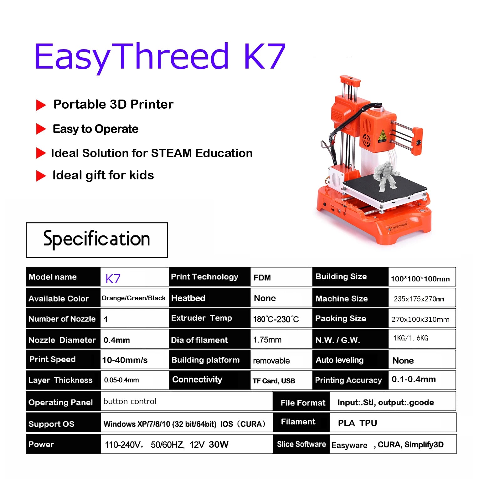 Easythreed 3D Printer K7 Easy Use One-click Print Mainboard Magnetic Build Platform Desktop Mini Printer K9 Beginner Kids Gift