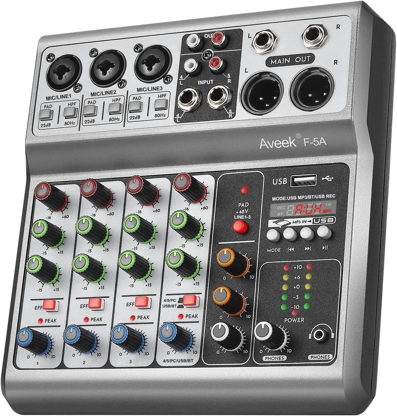 Aveek Professional Audio Mixer,Sound Board Mixing Console with 5Channel Digital USB Bluetooth Echo Delay Effect,Input 48V Stereo