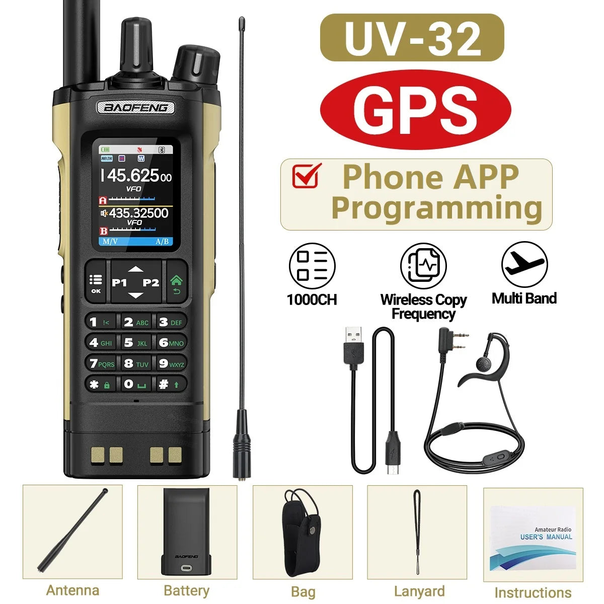UV-32 GPS Walkie Talkie 10W Long Range Multi Band Bluetooth APP Programming Wireless Copy Frequency Type-C Two Way Radio