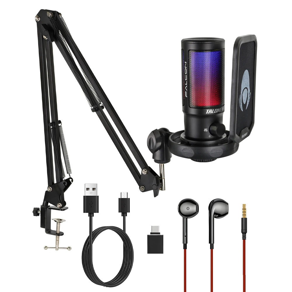 Gaming PC USB Microphone, Podcast Condenser Mic with Boom Arm, Online Chat, RGB Computer Mic for PS4/5 PC Gamer F8S