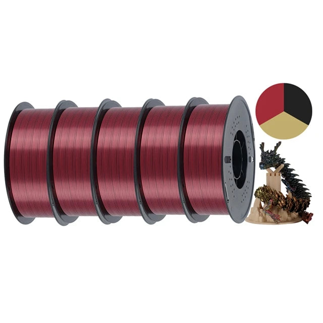 KINGROON 5KG Silk Tricolor PLA Filament 1.75mm, Three-colour Coextrusion 3D Printing Material, New Color Change, 5Roll 1kg/Spool