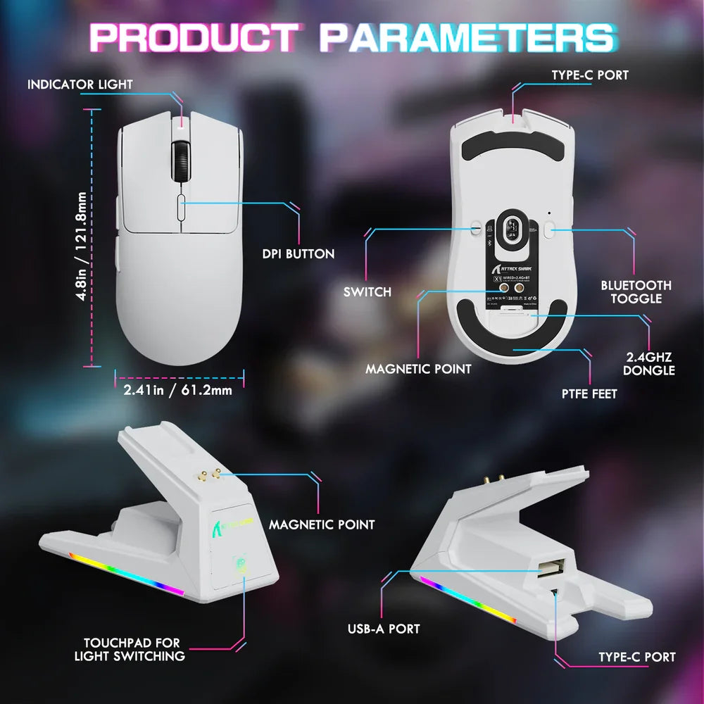 X1 Gaming Mouse with Magnetic Charging Dock, PixArt PAW3395PRO, 40000DPI, BT/2.4G Wireless/Wired, 53g SUPERLIGHT