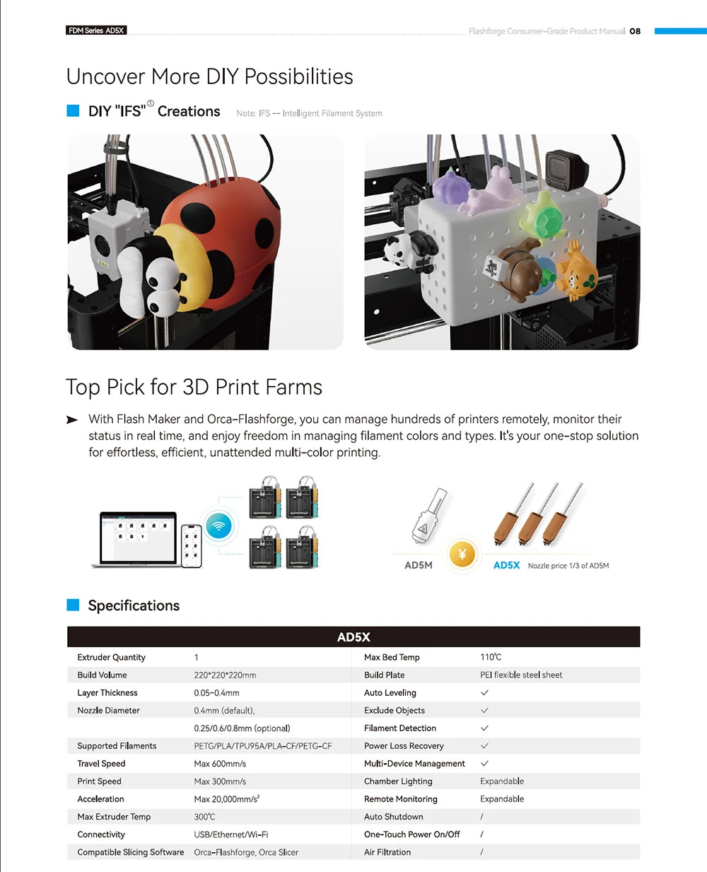 FLASHFORGE AD5X 3d Printer Multi-Color Printing Intelligent Filament System One-Click Auto Leveling Group Control