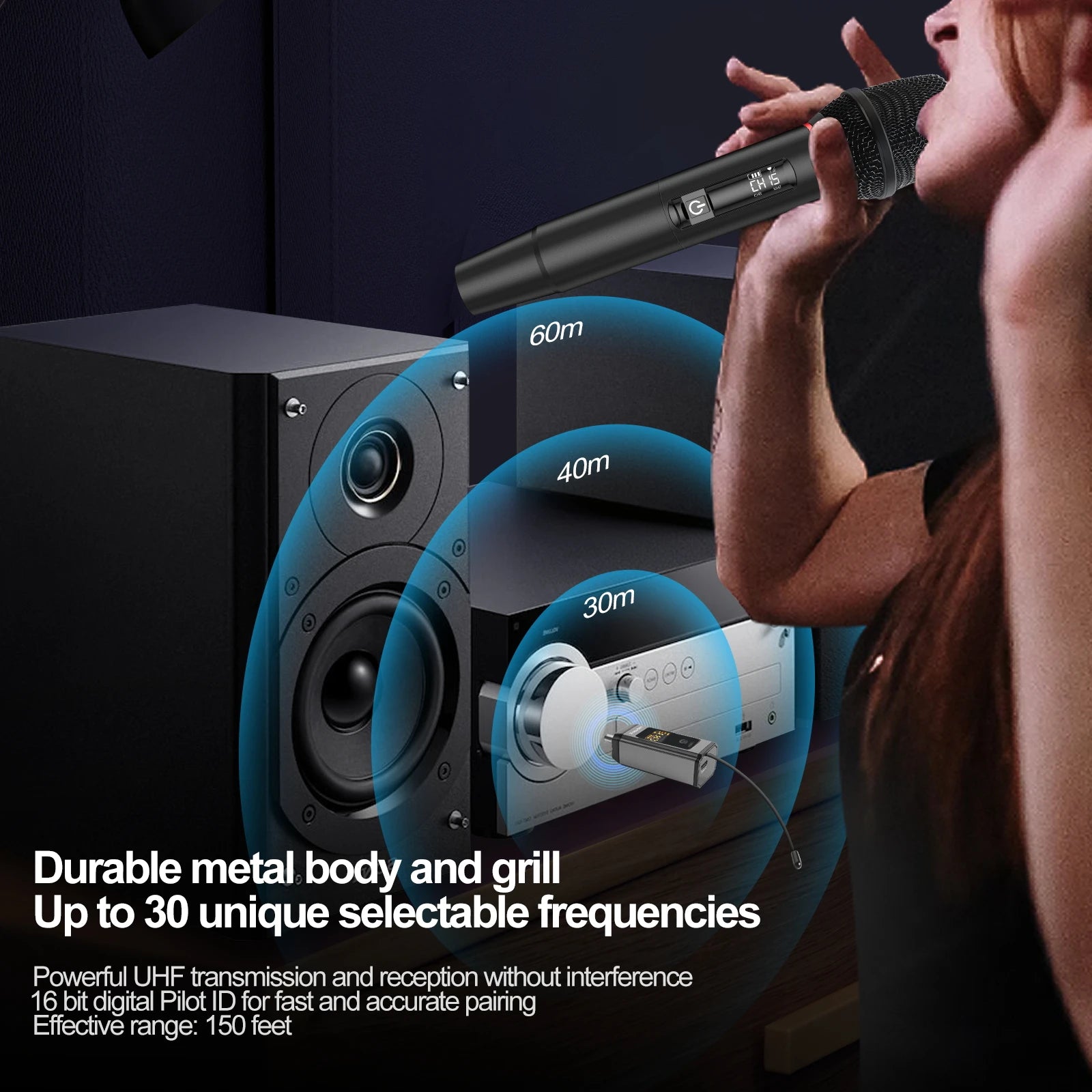 UHF Wireless Microphone System - Karaoke Microphones,160ft Range,High-Fidelity Sound,Compatible with PA Systems and Events