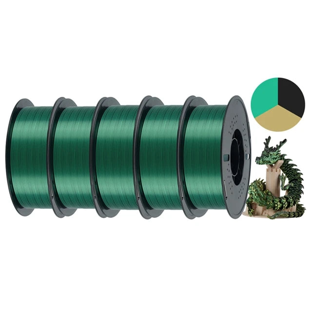 KINGROON 5KG Silk Tricolor PLA Filament 1.75mm, Three-colour Coextrusion 3D Printing Material, New Color Change, 5Roll 1kg/Spool