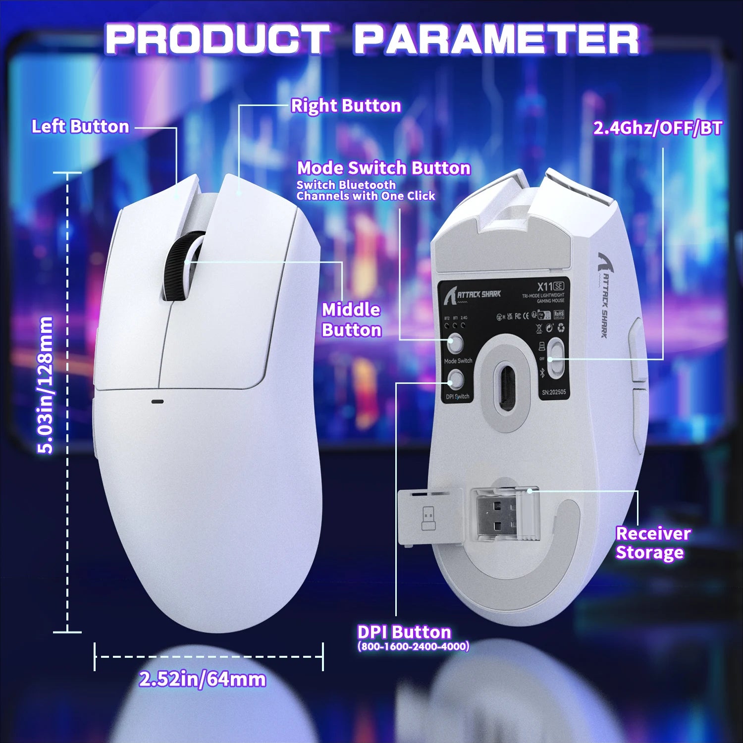 Lightweight Wireless Gaming Mouse, Tri-Mode 2.4G/USB-C Wired/BT, 22K DPI, PAW3311 Optical Sensor, 59g, 5 Prog