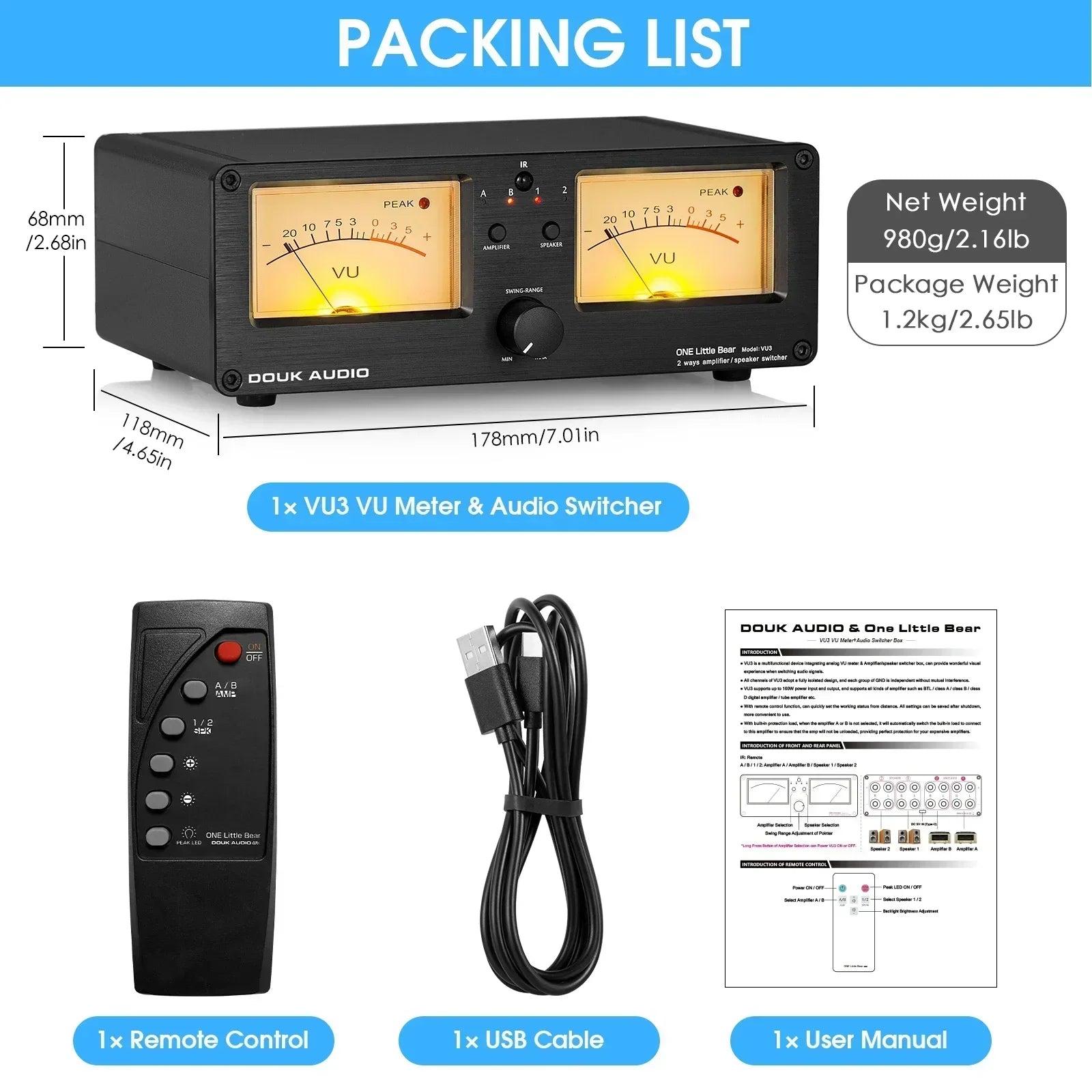 Nobsound Dual Analog VU Meter DB Panel Display 2-way Amplifier / Speaker Audio Switcher Box Selector Music Spectrum Visualizer