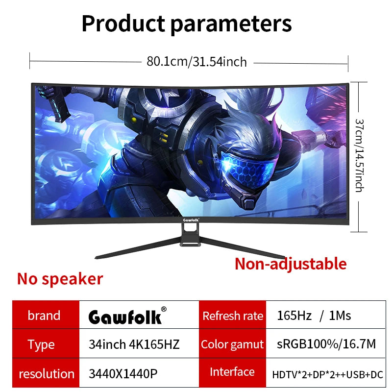 34" Monitor 144Hz Bandfish Screen Curved 1500R Gaming Bezel-less Slim 400HDR Nits 100% SRGB Wide Color Gamut FAsT VA Te