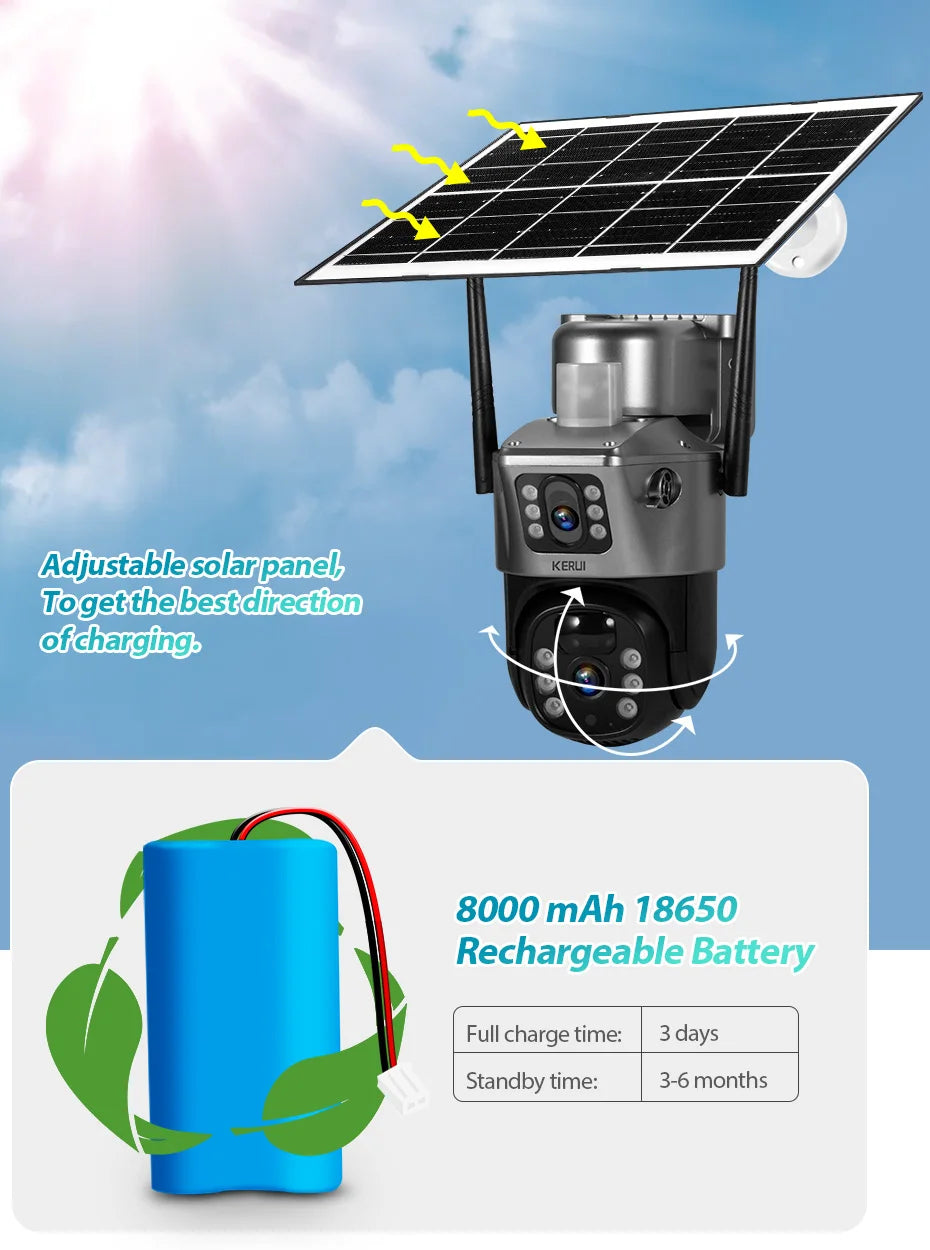 KERUI WIFI Solar Panel Dual Lens Camera Outdoor PTZ 4MP 2K 4G SIM Home Security CCTV Video Surveillance Monitor Built-in Battery