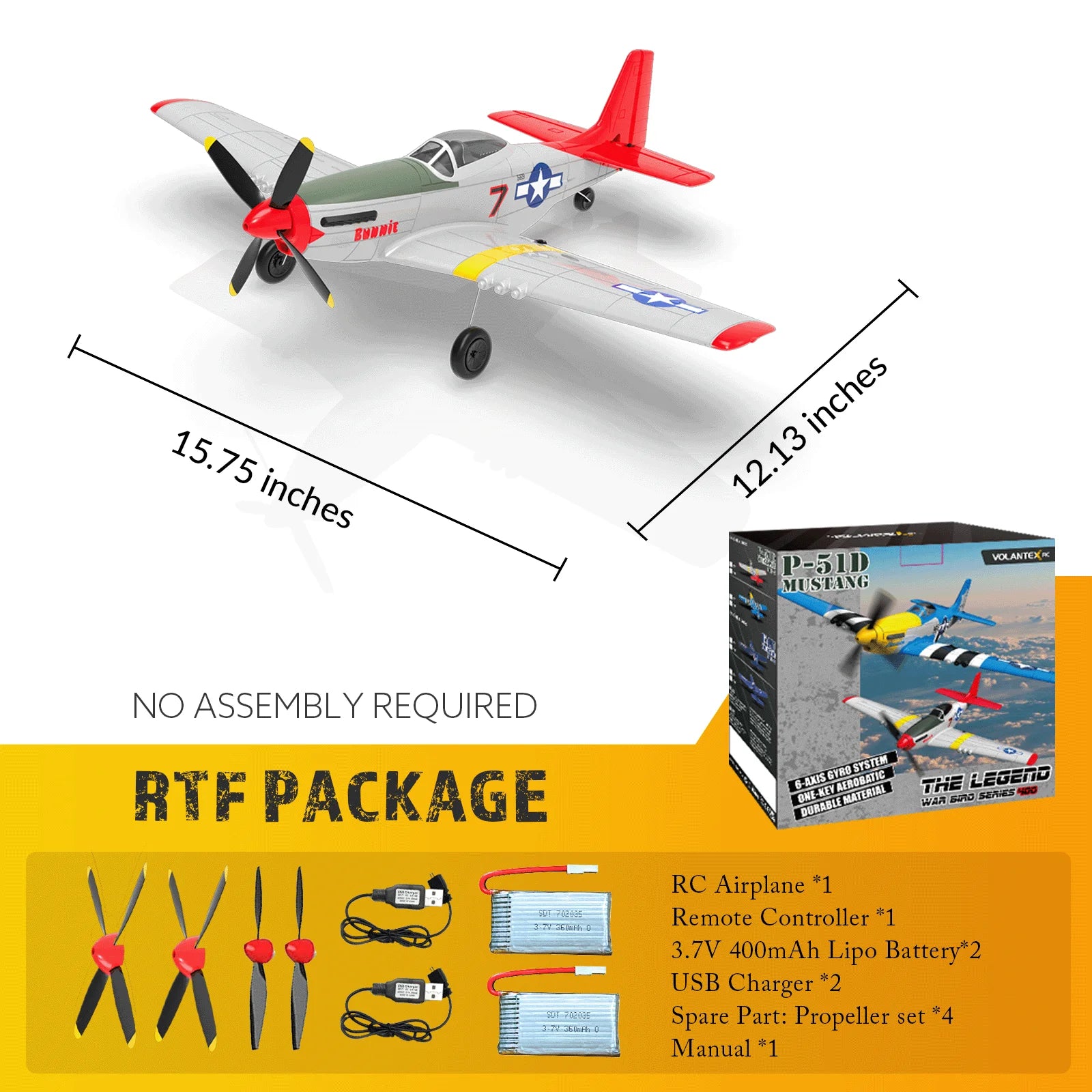 Volantex RC Plane,P-51 Mustang RTF RC Airplane,One-Key Aerobatic, Stable and Safe,Suitable for Outdoor Activity and gifts