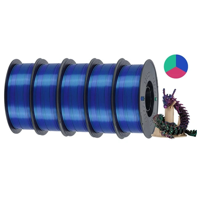 KINGROON 5KG Silk Tricolor PLA Filament 1.75mm, Three-colour Coextrusion 3D Printing Material, New Color Change, 5Roll 1kg/Spool