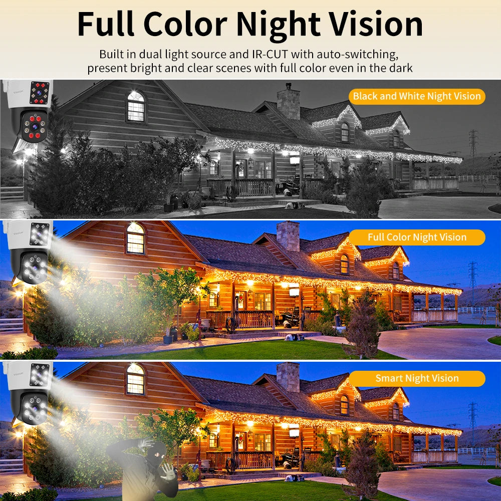 Dual Lens Security Camera Outdoor, 1080P, Starlight Color Night Vision, Pan/Tilt, Light & Siren Alarm, 2-Way Audio