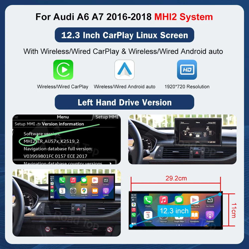 12.3'' Touch Screen Multimedia Display for Audi A6 A7 3G MMI HN+ RMC MHI2011-2018 with Airplay Wireless Carplay And Android Auto