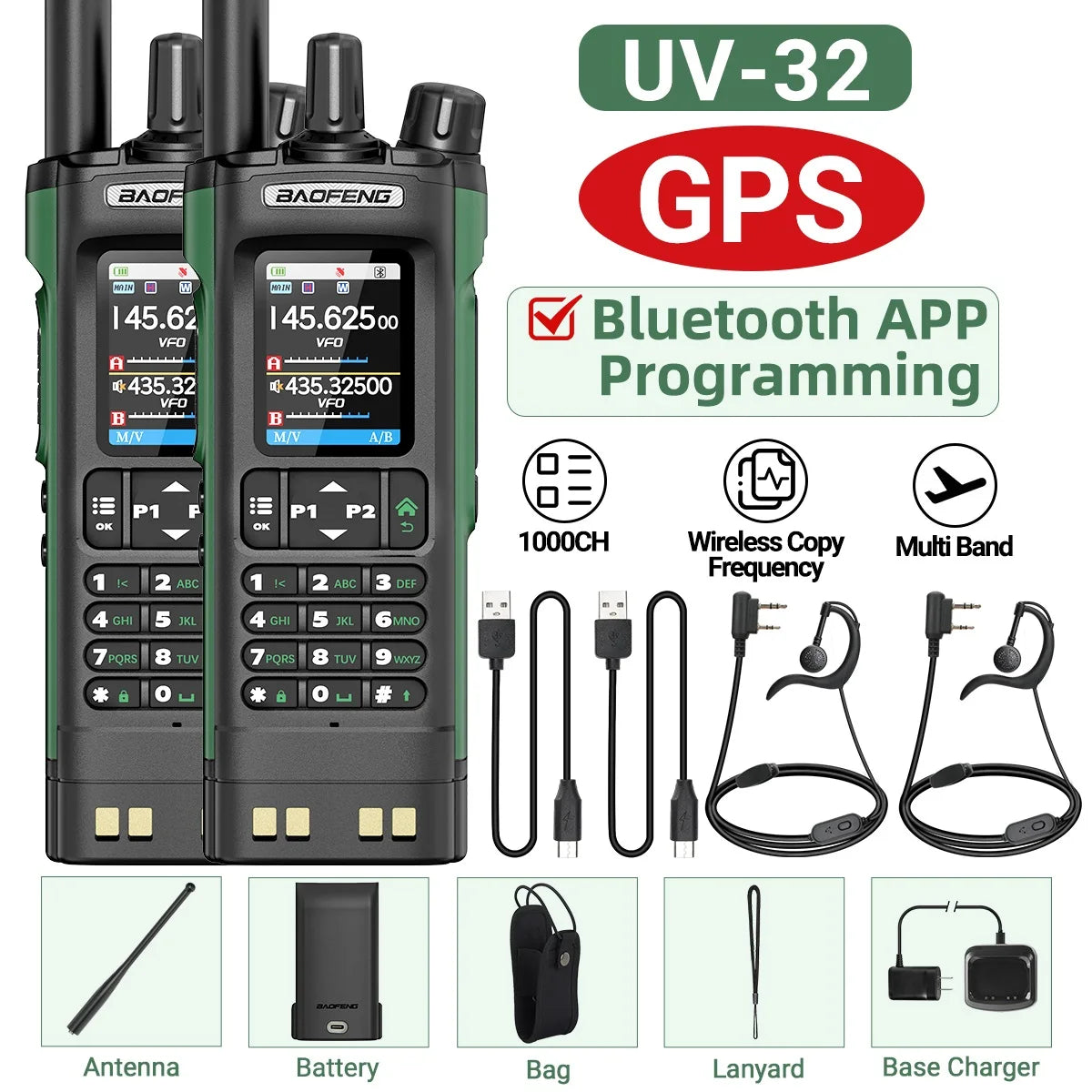UV-32 GPS Walkie Talkie 10W Long Range Multi Band Bluetooth APP Programming Wireless Copy Frequency Type-C Two Way Radio