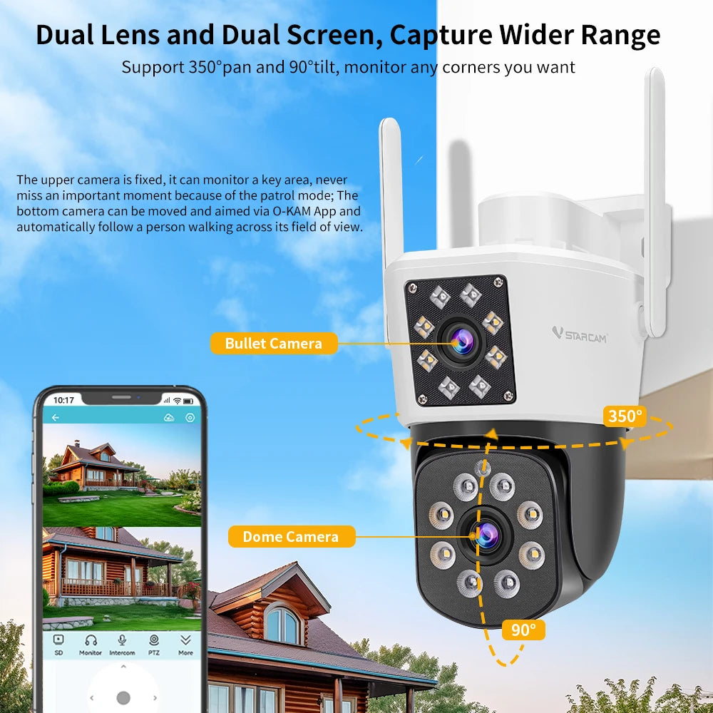 Dual Lens Security Camera Outdoor, 1080P, Starlight Color Night Vision, Pan/Tilt, Light & Siren Alarm, 2-Way Audio