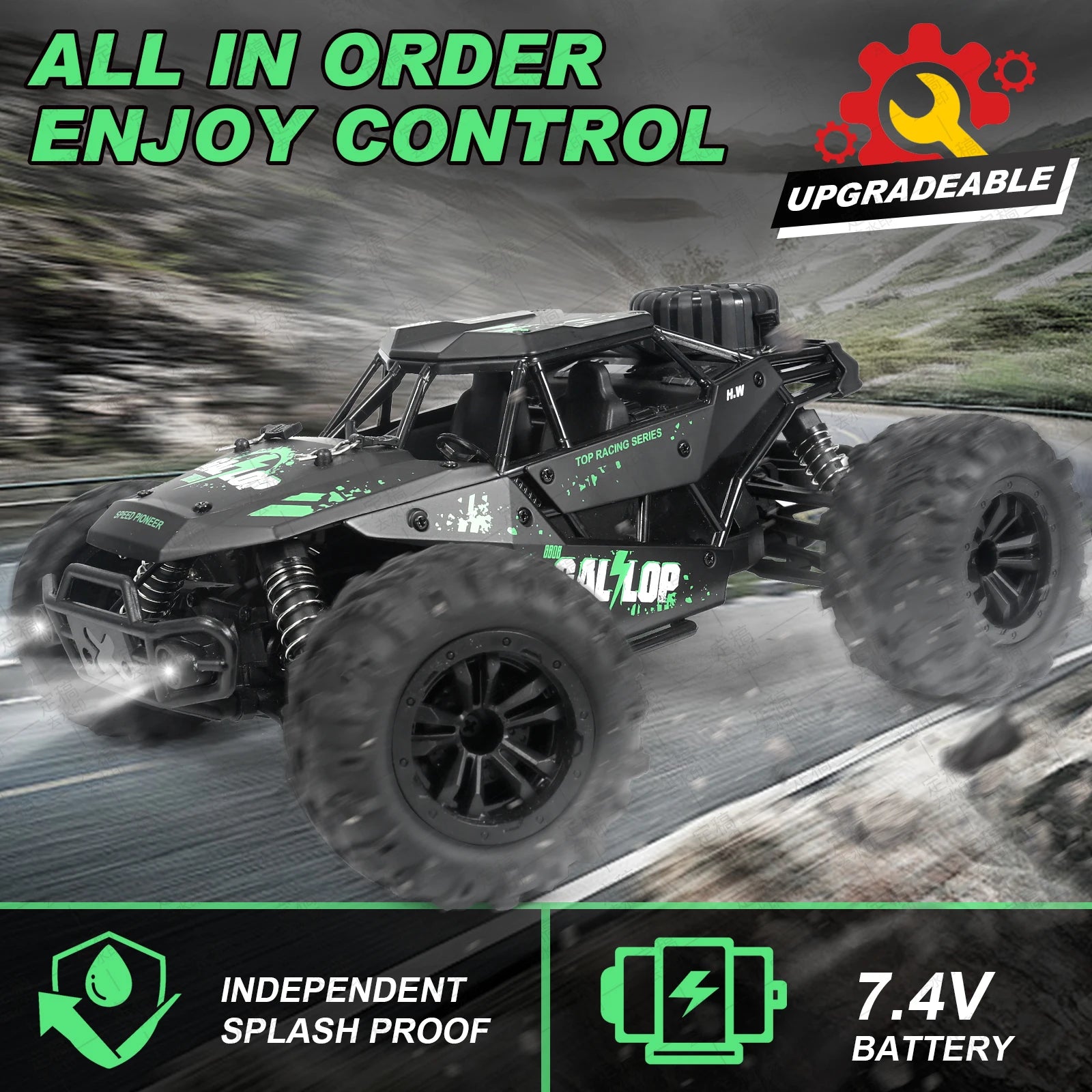 1:16 Fast Brush RC Trucks for Adults Max 50+ MPH, 1 AA Lithium Battery, Waterproof Remote Control Car Sand, Snow and Mud (Green)