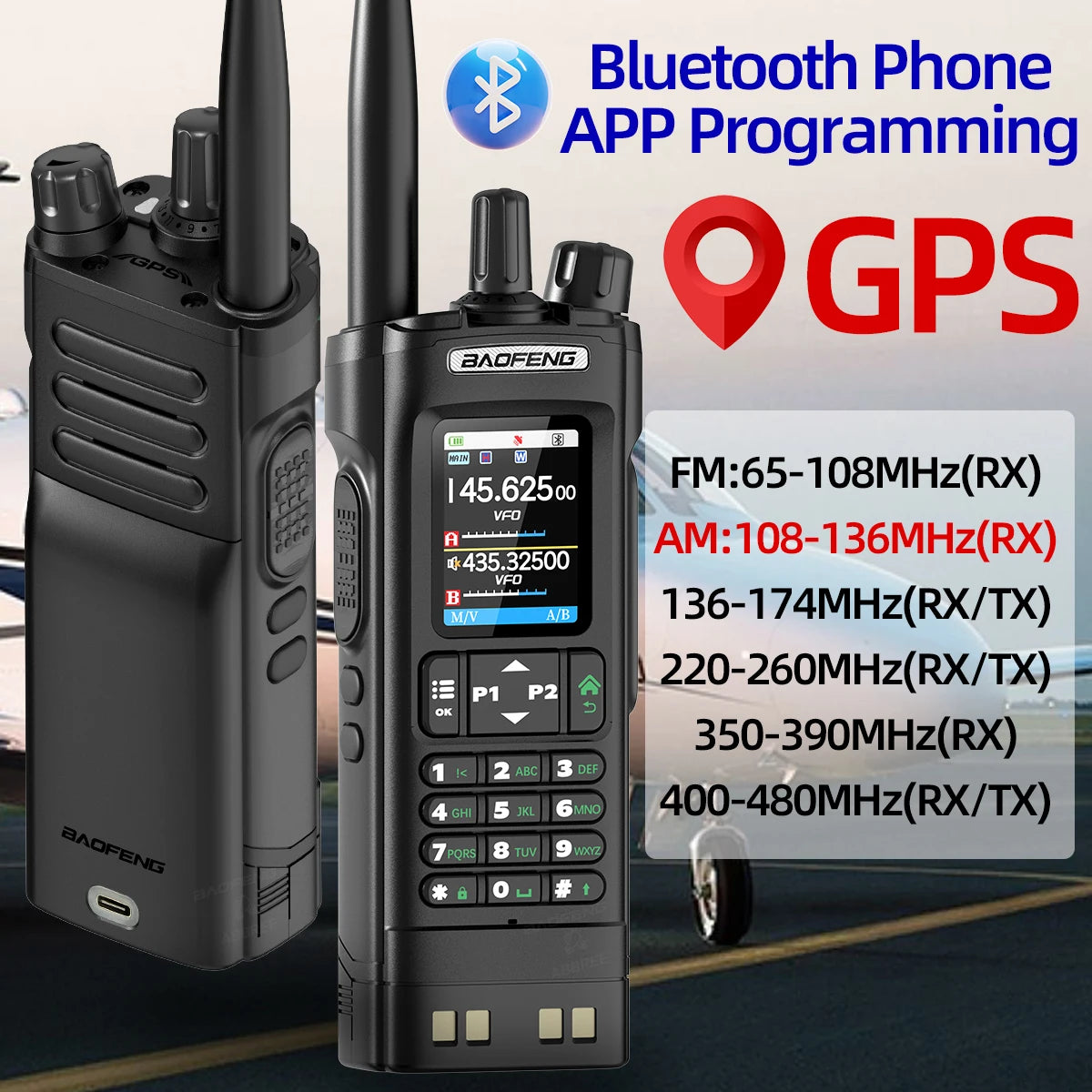 UV-32 GPS Walkie Talkie 10W Long Range Multi Band Bluetooth APP Programming Wireless Copy Frequency Type-C Two Way Radio