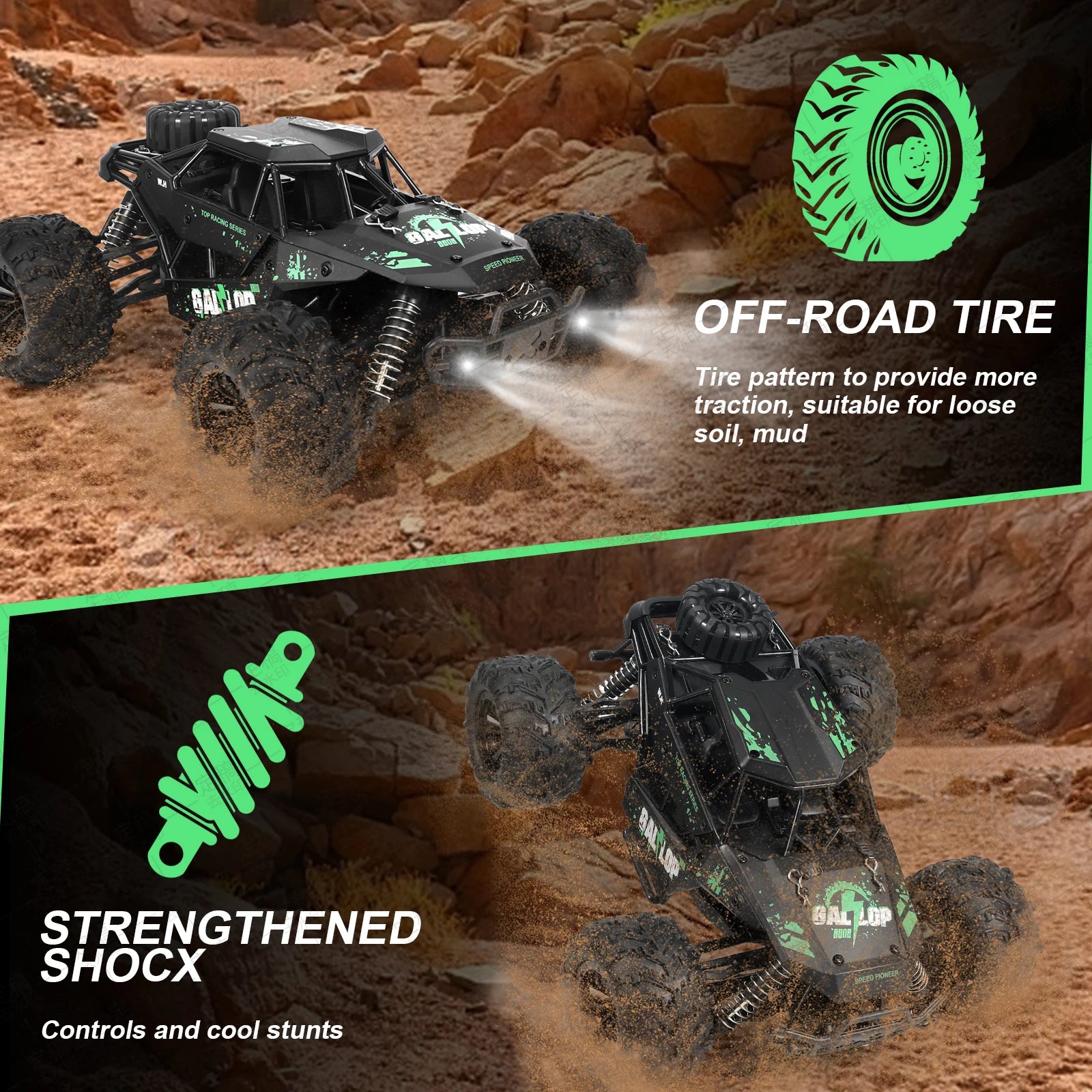 1:16 Fast Brush RC Trucks for Adults Max 50+ MPH, 1 AA Lithium Battery, Waterproof Remote Control Car Sand, Snow and Mud (Green)