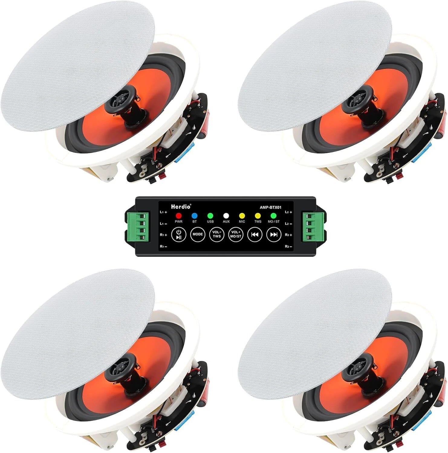 Herdio 4PCS 6.5" 4PCS Bluetooth In Ceiling Speakers 600W 2-Way Flush Mount Speakers System With Wall Amplifier Receiver For Home