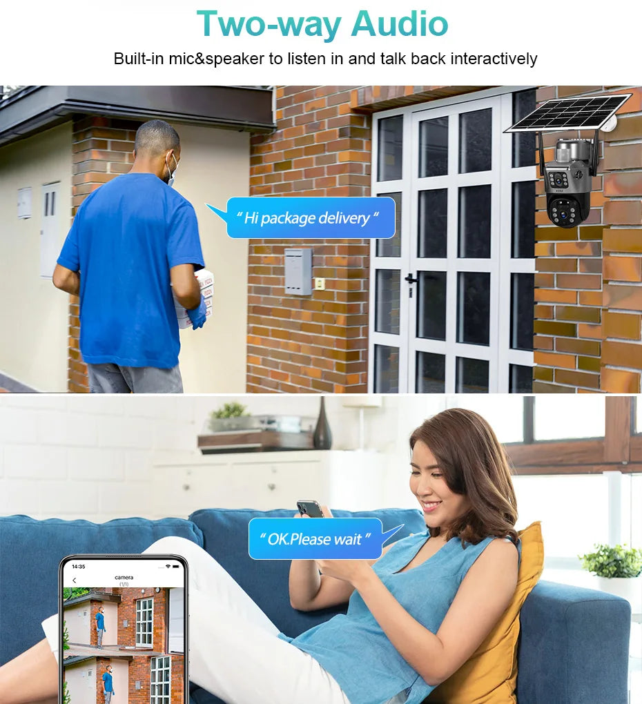 KERUI WIFI Solar Panel Dual Lens Camera Outdoor PTZ 4MP 2K 4G SIM Home Security CCTV Video Surveillance Monitor Built-in Battery