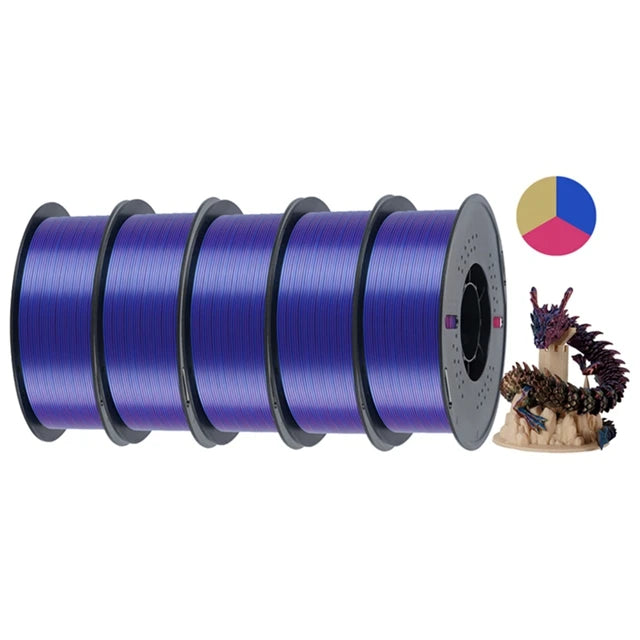 KINGROON 5KG Silk Tricolor PLA Filament 1.75mm, Three-colour Coextrusion 3D Printing Material, New Color Change, 5Roll 1kg/Spool