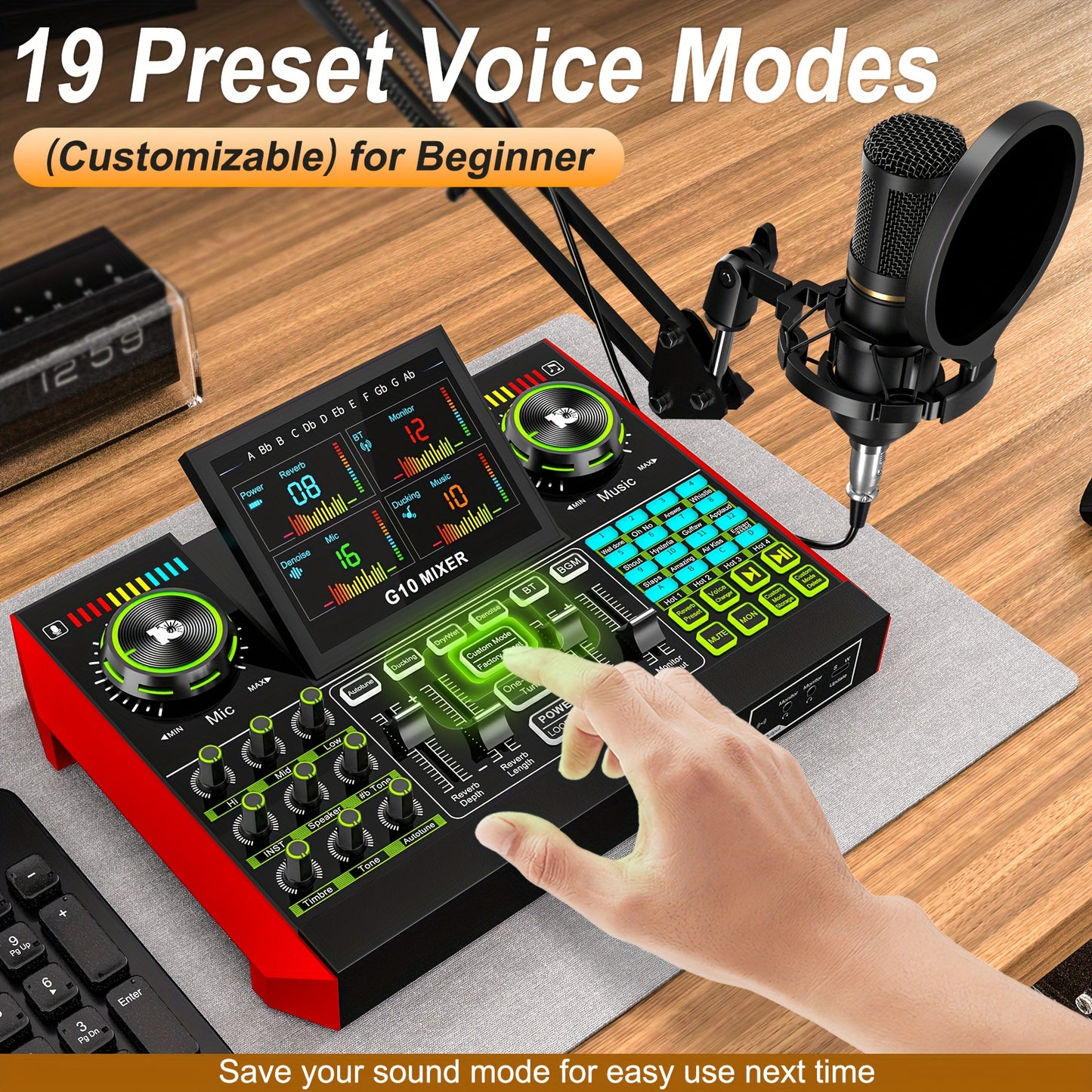 Podcast Equipment Package Live Sound Card Audio DJ Mixer Sound Effect Card Multi-device Compatibility, One-key Noise Reduction Design RGB Lighting Design, 3.5 6.5 Microphone Interface for Karaoke, Streaming Media, Mobile Phon