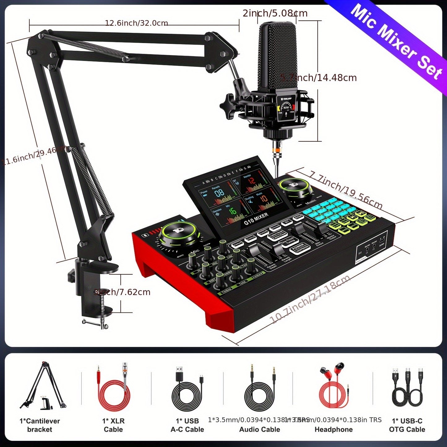 This Mic Mixer Set Podcast Influencer KOL Singing Gaming DJ Mixing Station Controller Equipment Studio Professional Recording Electronic Music Mixer Power Karaoke Machine Available Dynamic Condenser Wired Microphone Portable