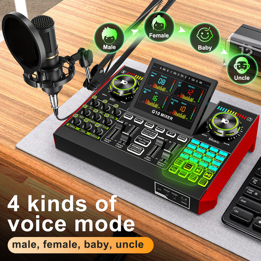 Podcast Equipment Package Live Sound Card Audio DJ Mixer Sound Effect Card Multi-device Compatibility, One-key Noise Reduction Design RGB Lighting Design, 3.5 6.5 Microphone Interface for Karaoke, Streaming Media, Mobile Phon