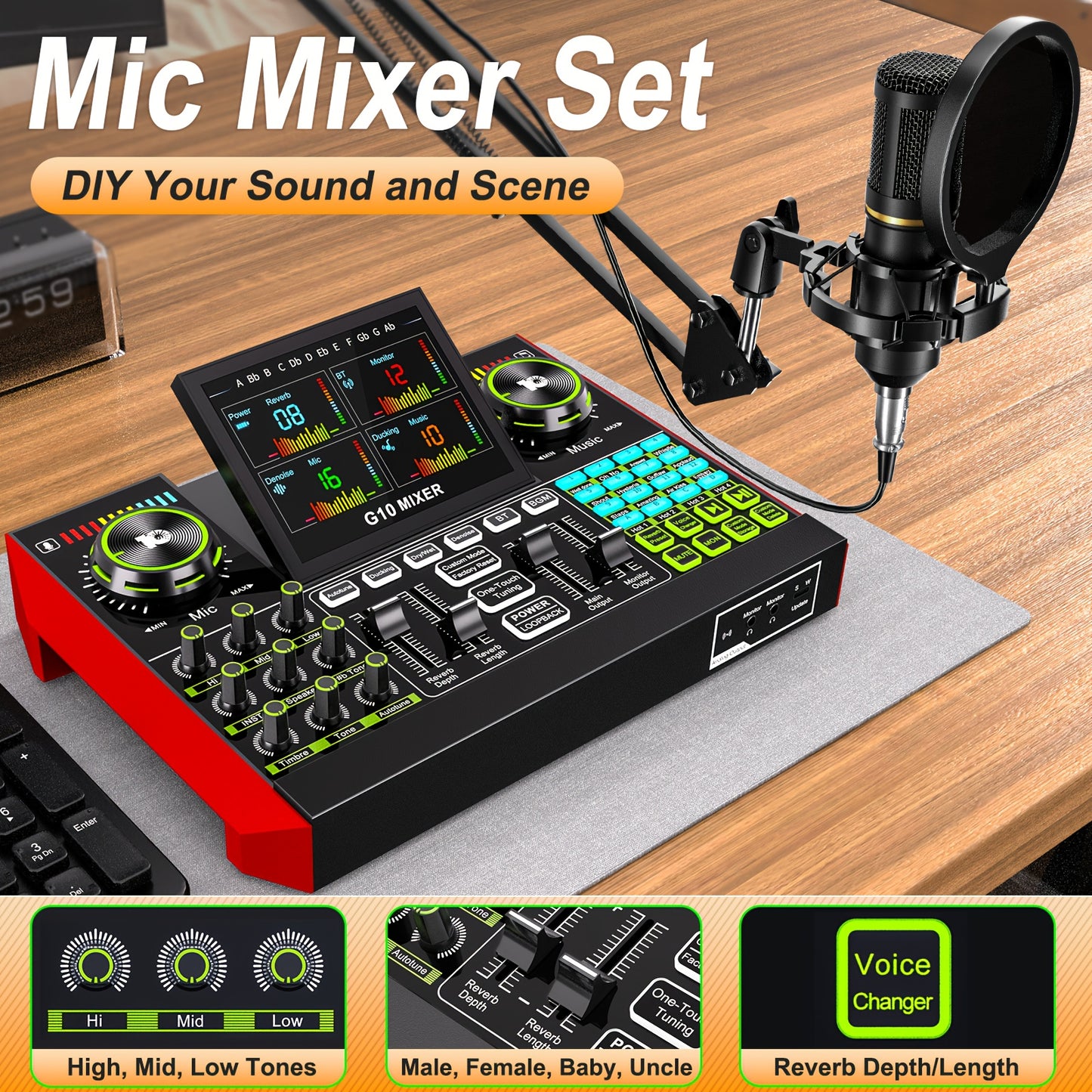 Podcast Equipment Package Live Sound Card Audio DJ Mixer Sound Effect Card Multi-device Compatibility, One-key Noise Reduction Design RGB Lighting Design, 3.5 6.5 Microphone Interface for Karaoke, Streaming Media, Mobile Phon