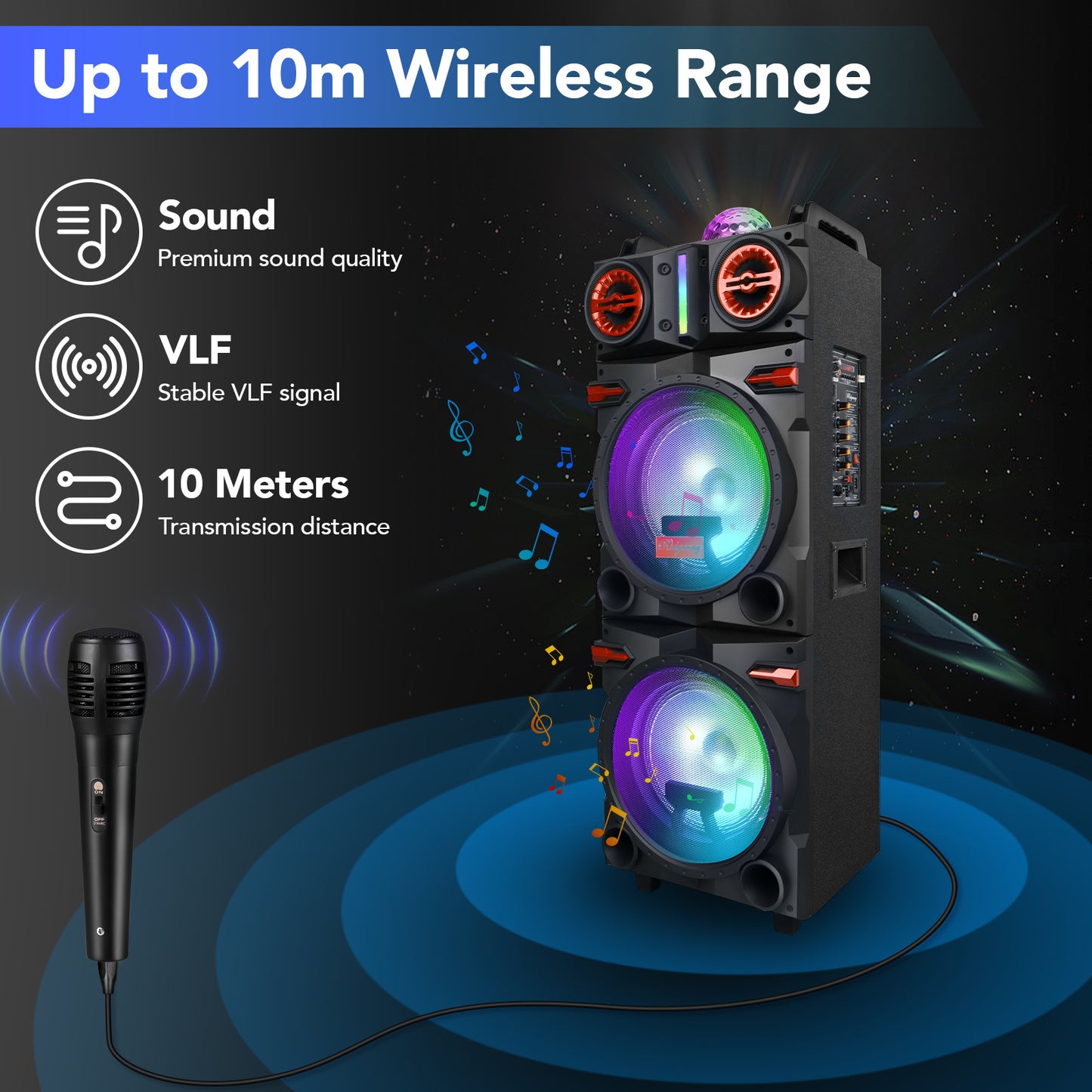 Sound Portable Party Bluetooth Speakers Loud Sound Powerful, DJ Sound Stereo Loud Bass Karaoke Machine with Sound Reactive Party Lights, USB/SD Input and Telescopic Pull Rod, Remote Control