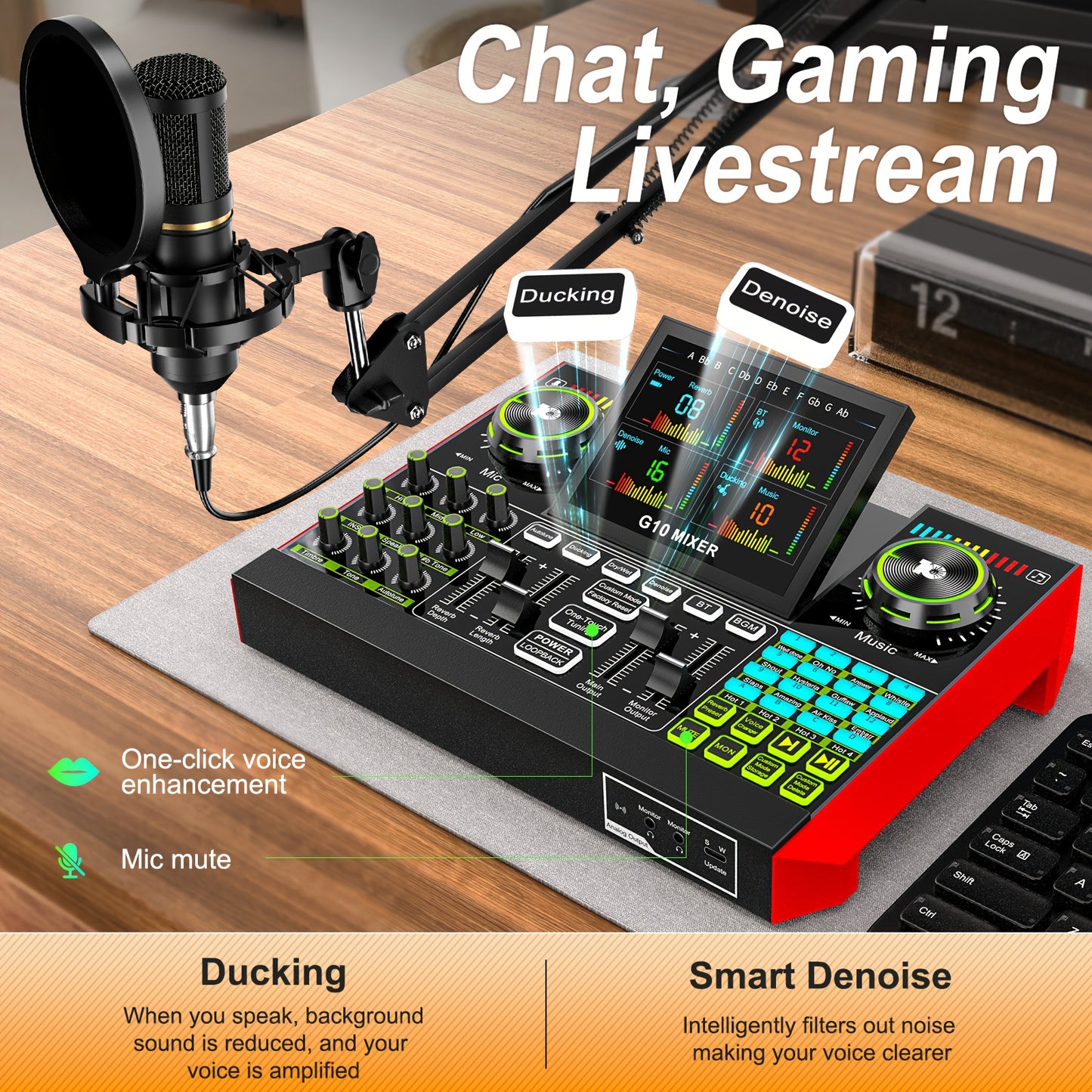Podcast Equipment Package Live Sound Card Audio DJ Mixer Sound Effect Card Multi-device Compatibility, One-key Noise Reduction Design RGB Lighting Design, 3.5 6.5 Microphone Interface for Karaoke, Streaming Media, Mobile Phon