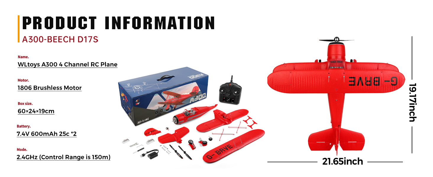 WLtoys A300 4-CH RC Plane, Beechcraft D-17 RC Airplanes with Lights, 6G/3D Brushless RC Planes for adults, Outdoors and Gifts