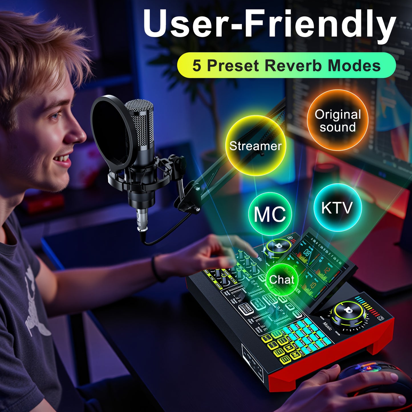 This Mic Mixer Set Podcast Influencer KOL Singing Gaming DJ Mixing Station Controller Equipment Studio Professional Recording Electronic Music Mixer Power Karaoke Machine Available Dynamic Condenser Wired Microphone Portable