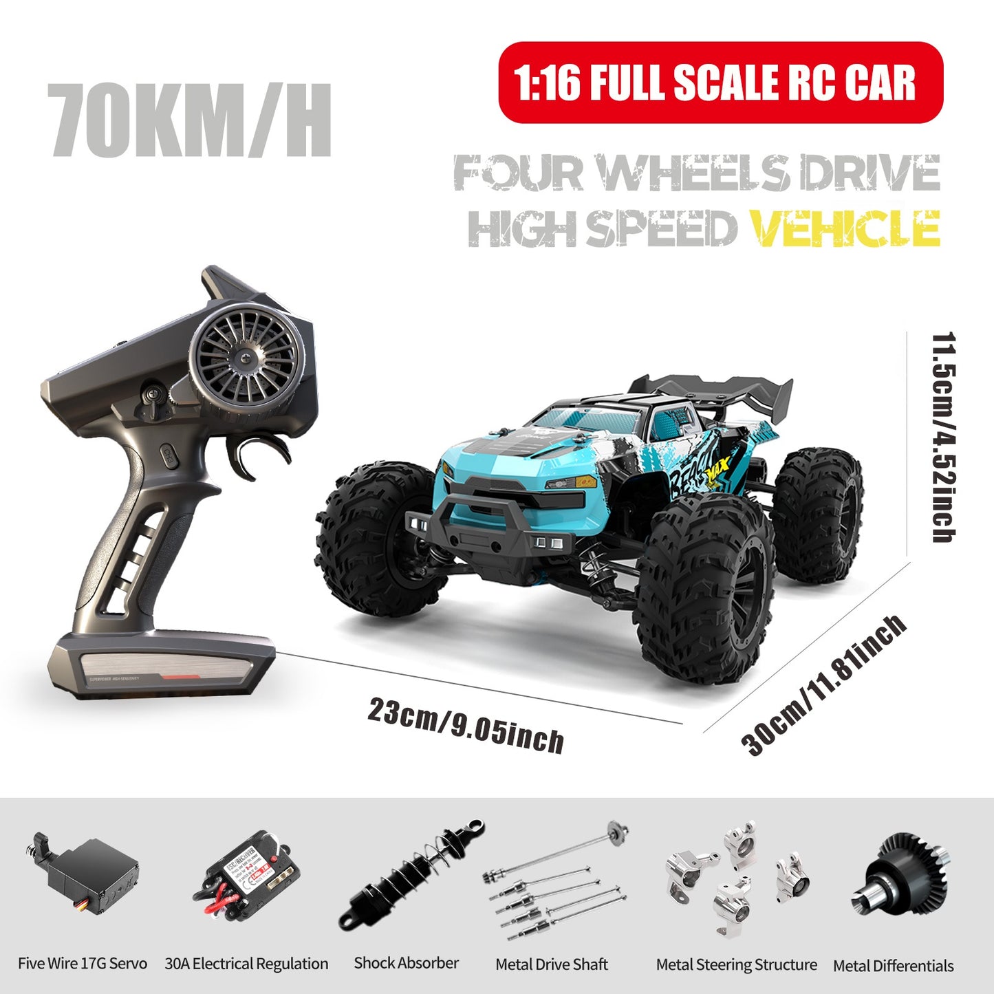 ZHUOYOU 1:16 4WD Off Road High Speed RC Car with Head-up Wheel, 70KM/H Racing Drifting Vehicle, RC390 Motor, 2.4Ghz Remote Control, Supports Cars Racing Together, LED Lights, All Terrain Application, Racing Vehicle, Offroad D