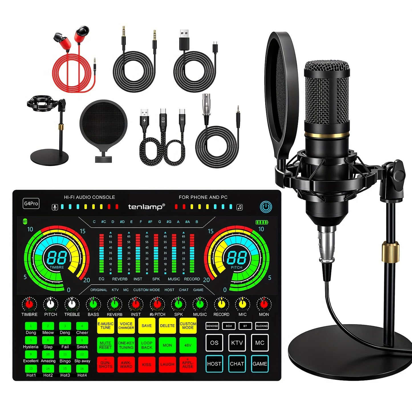 Podcast Equipment Package Live Sound Card Audio DJ Mixer Sound Effect Card Multi-device Compatibility, One-key Noise Reduction Design RGB Lighting Design, 3.5 6.5 Microphone Interface for Karaoke, Streaming Media, Mobile Phon