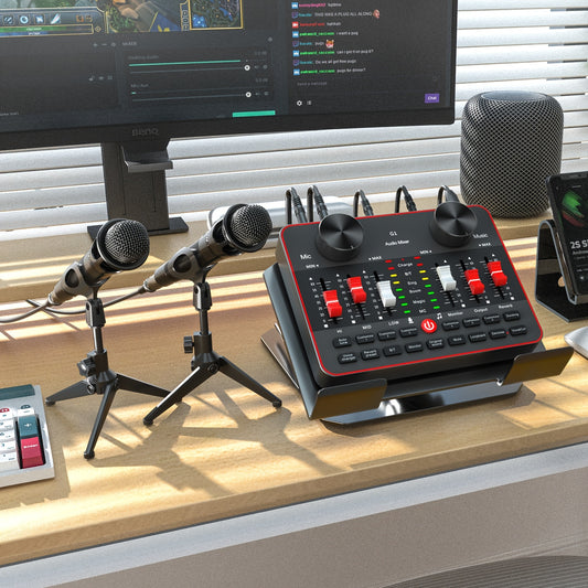 All-in-One Podcast Equipment with Audio Interface DJ Mixer with 2 Condenser Microphones, Recording Studio Kit Live Sound Card for Singing Broadcast, Live Streaming, Gaming