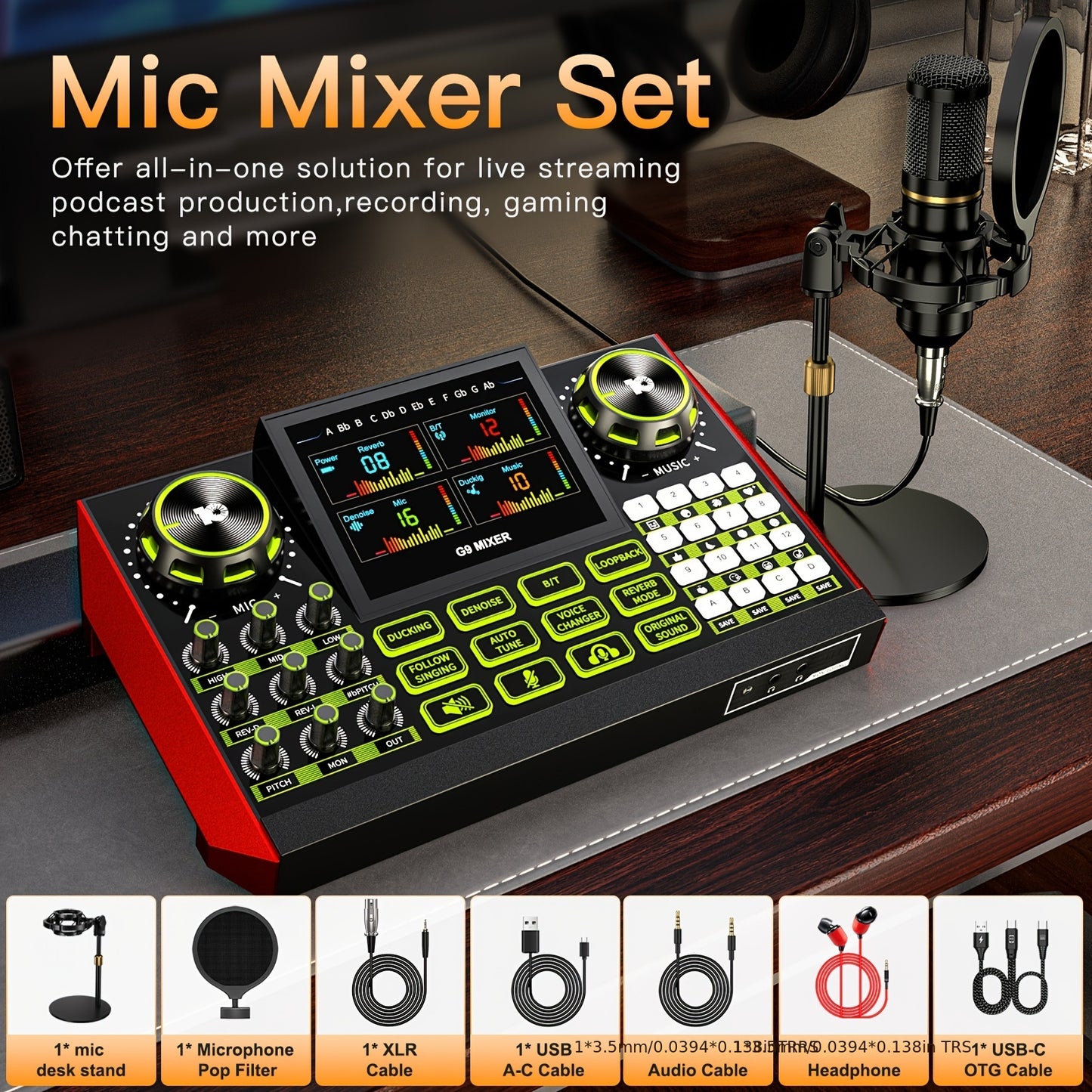 This Mic Mixer Set Podcast Influencer KOL Singing Gaming DJ Mixing Station Controller Equipment Studio Professional Recording Electronic Music Mixer Power Karaoke Machine Available Dynamic Condenser Wired Microphone Portable