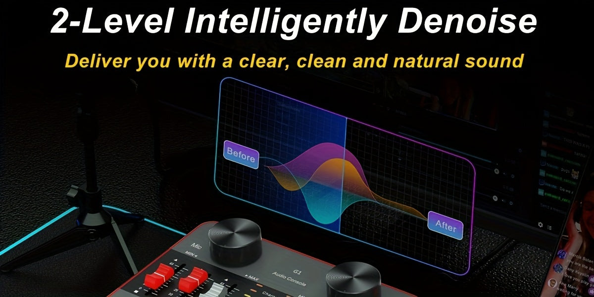 All-in-One Podcast Equipment with Audio Interface DJ Mixer with 2 Condenser Microphones, Recording Studio Kit Live Sound Card for Singing Broadcast, Live Streaming, Gaming
