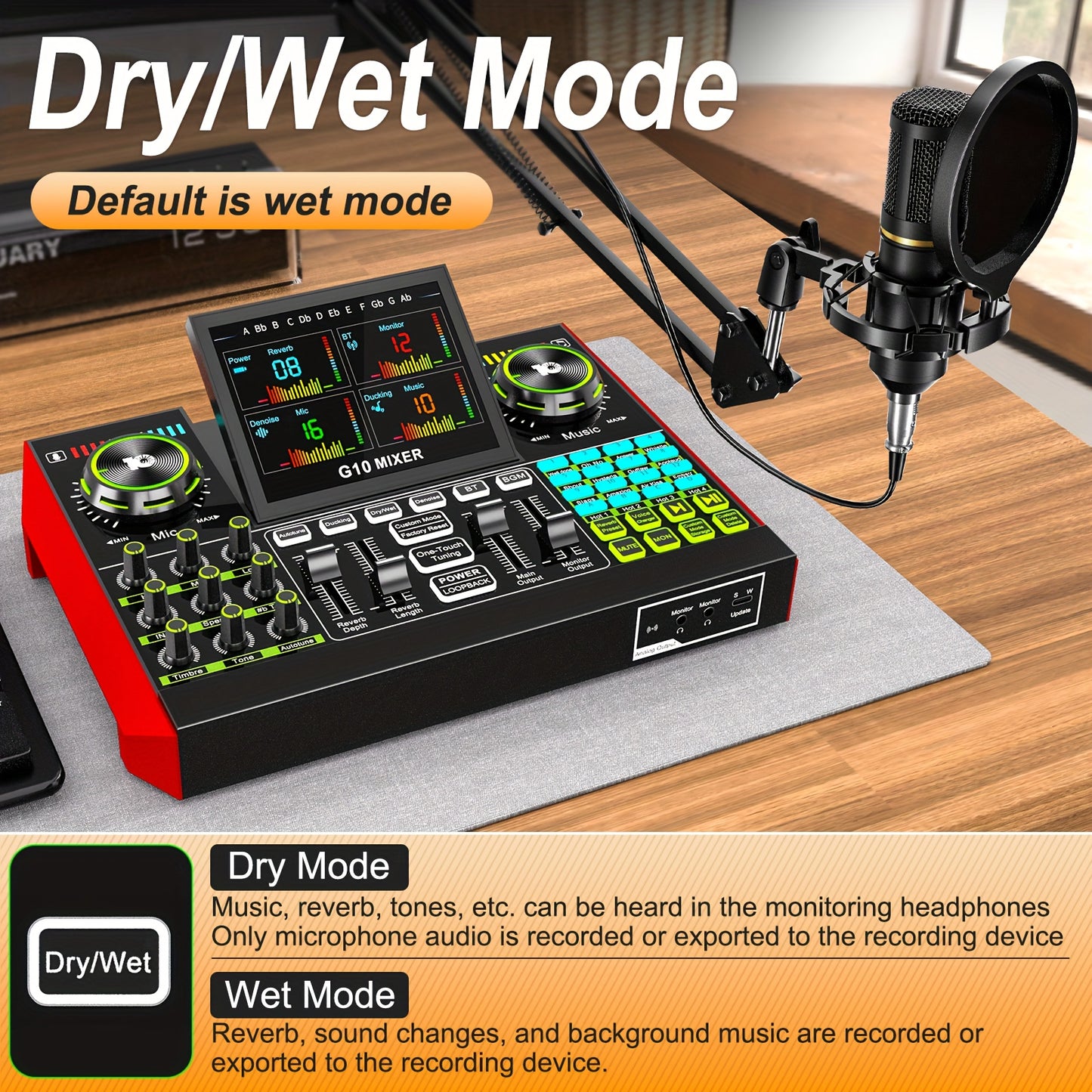 Podcast Equipment Package Live Sound Card Audio DJ Mixer Sound Effect Card Multi-device Compatibility, One-key Noise Reduction Design RGB Lighting Design, 3.5 6.5 Microphone Interface for Karaoke, Streaming Media, Mobile Phon